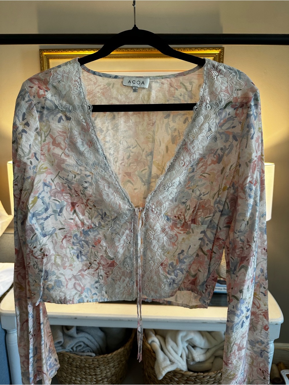 ACOA Floral Lace-Trim Sheer Blouse in Multicolor